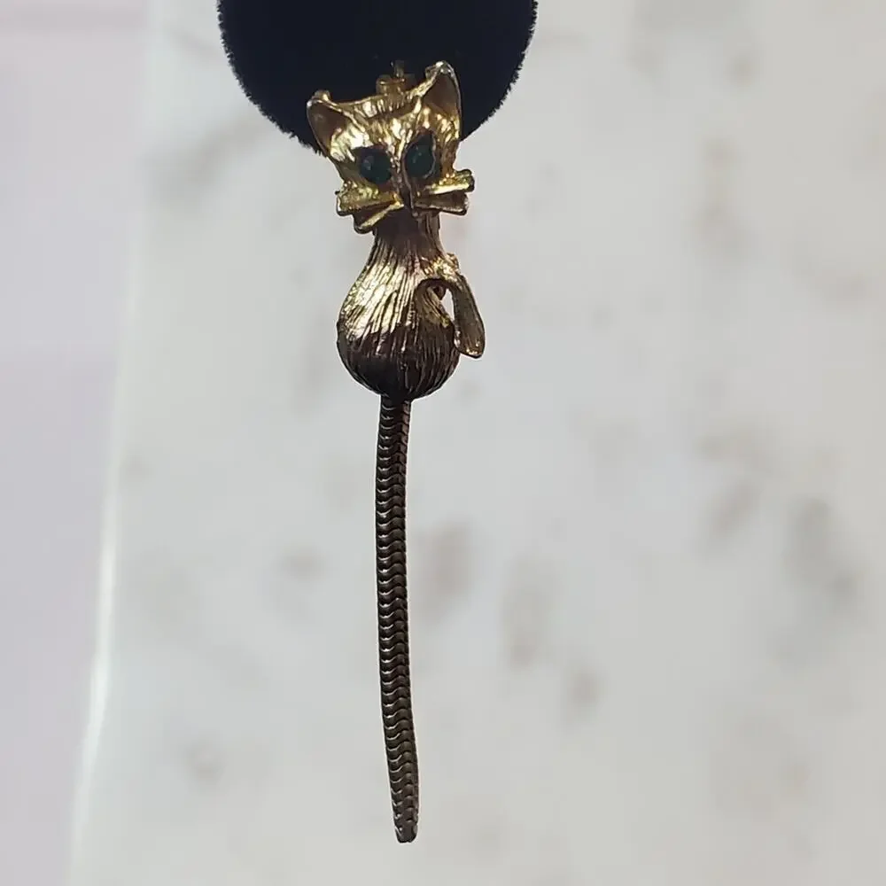 Cat Brooches Set of Two Gold Tone Pin Back Dangling Tails Rhinestone Embellished